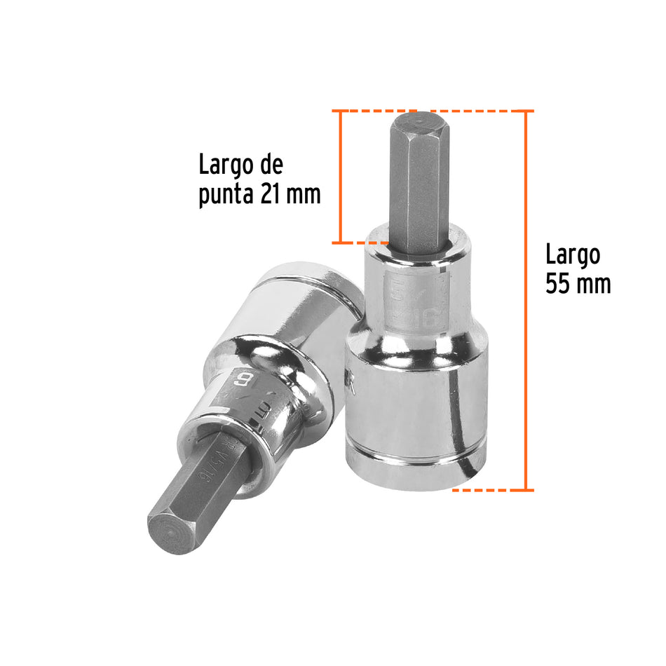 Dado punta hexagonal de 5/16', cuadro 1/2', Truper Caja con 6, 13252