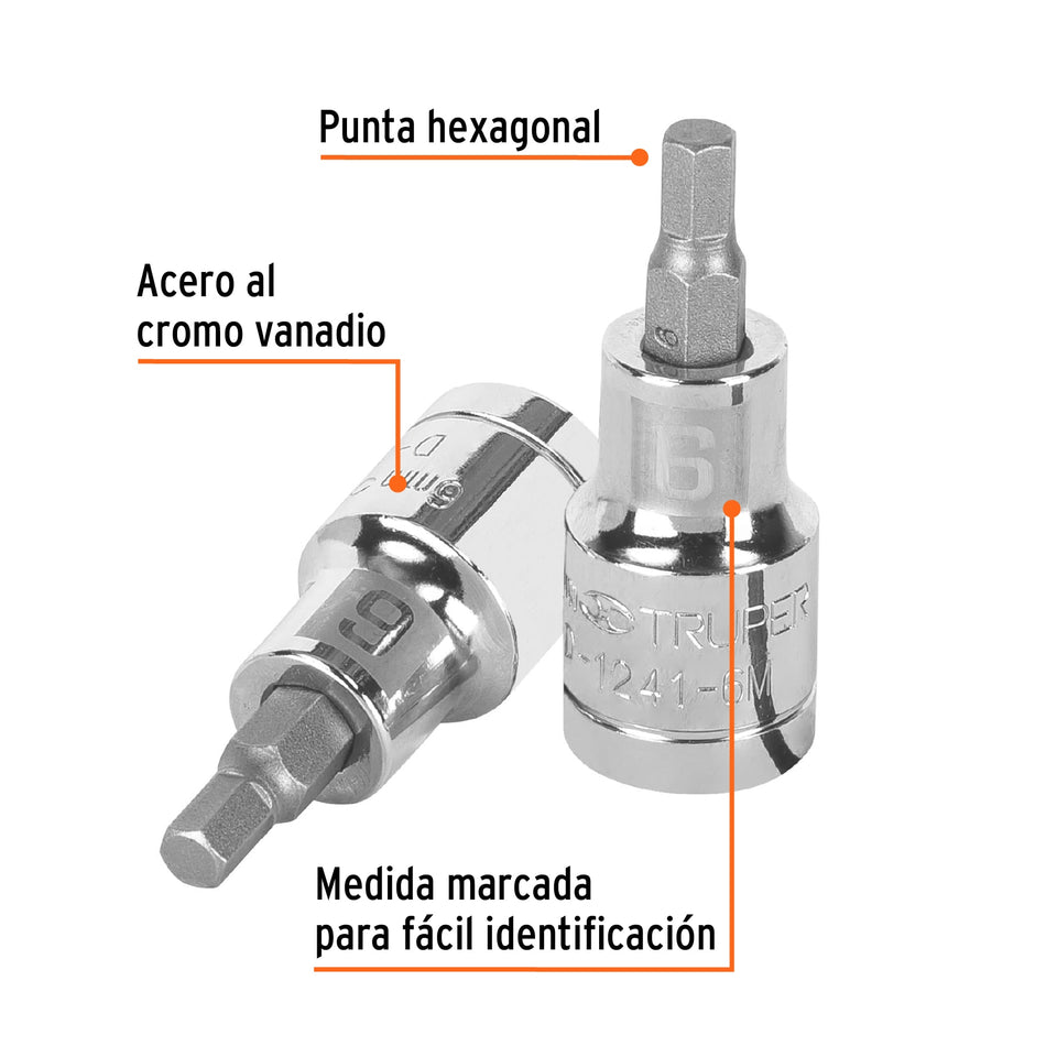 Dado punta hexagonal de 6 mm, cuadro 1/2', Truper Caja con 6, 13281