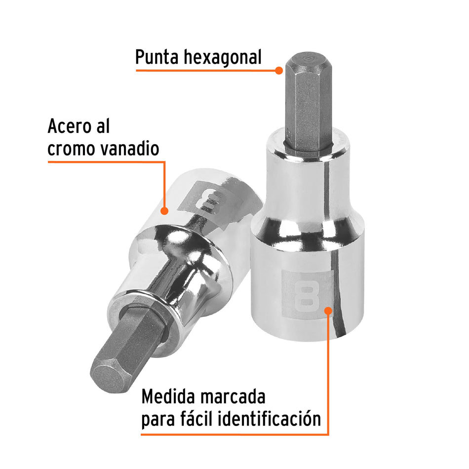 Dado punta hexagonal de 8 mm, cuadro 1/2', Truper Caja con 6, 13282