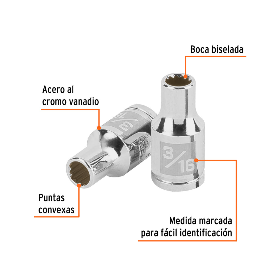 Dado de 3/16', 12 puntas, cuadro 1/4', Truper Caja con 6, 100873