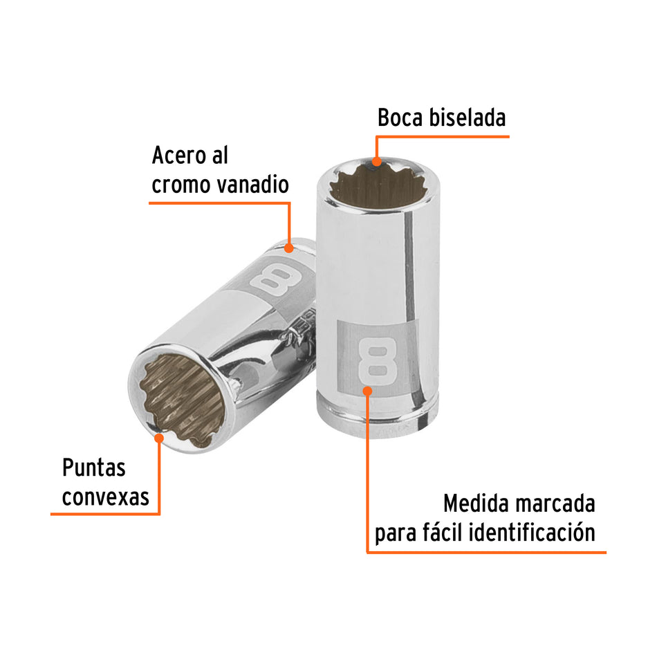 Dado de 8 mm, 12 puntas, cuadro 1/4', Truper Caja con 6, 100980