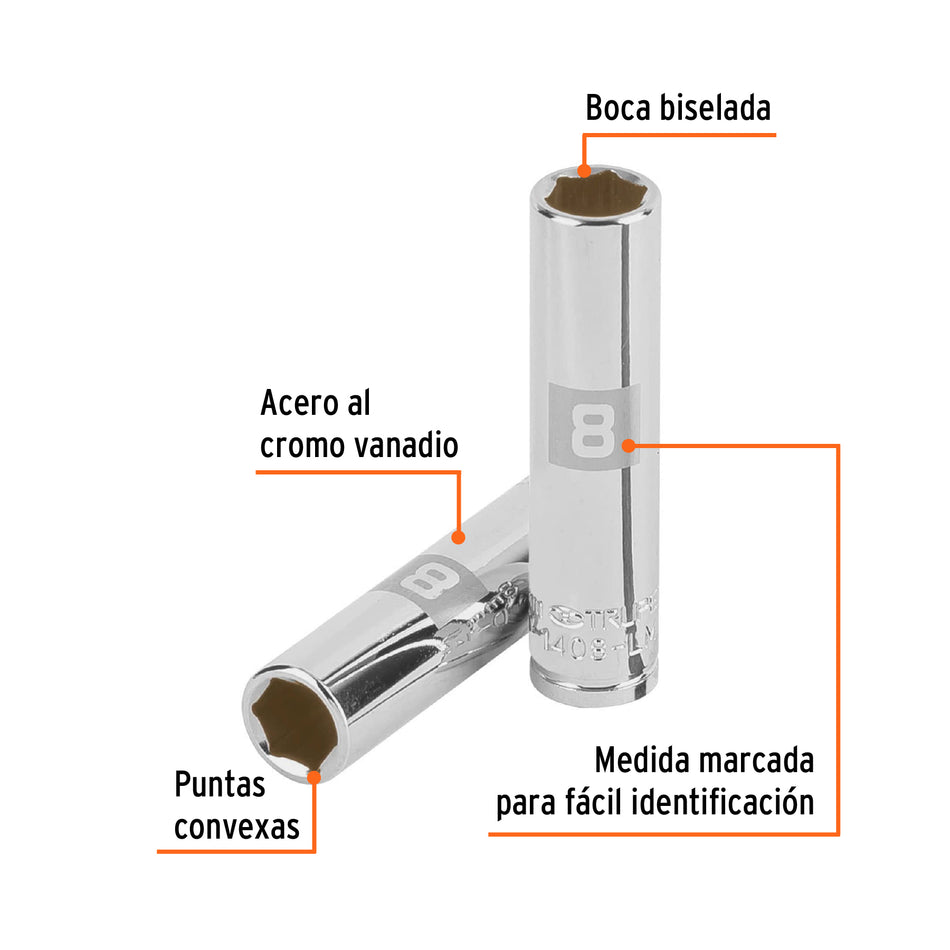 Dado largo de 8 mm, 6 puntas, cuadro 1/4', Truper Caja con 6, 13202