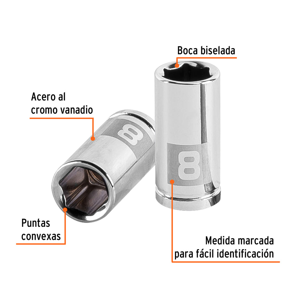 Dado de 8 mm, 6 puntas, cuadro 1/4', Truper Caja con 6, 13170
