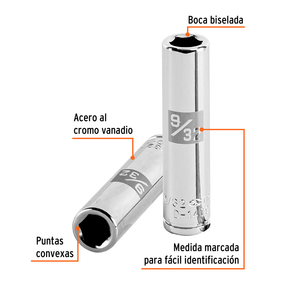 Dado largo de 9/32', 6 puntas, cuadro 1/4', Truper Caja con 6, 13183