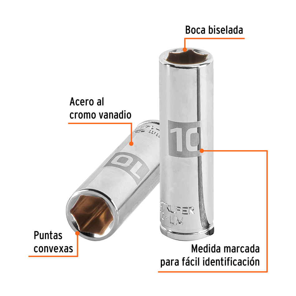 Dado largo de 10 mm, 6 puntas, cuadro 1/4', Truper Caja con 6, 13204