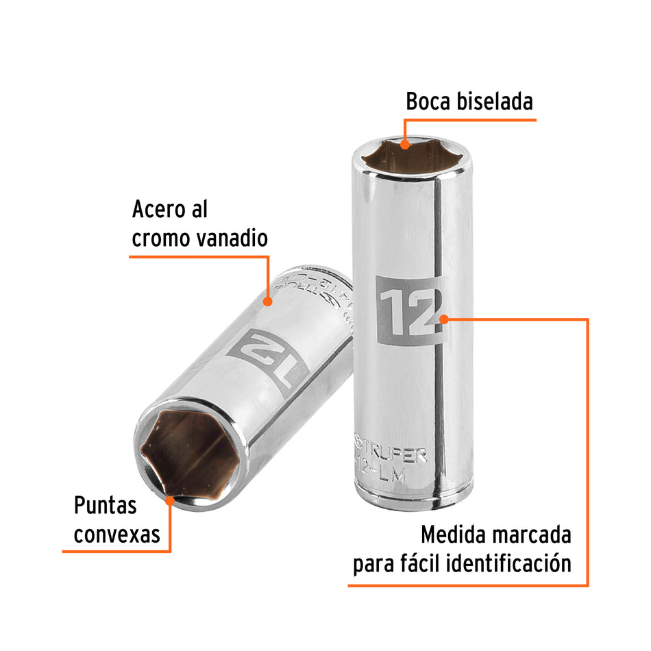 Dado largo de 12 mm, 6 puntas, cuadro 1/4', Truper Caja con 6, 13206