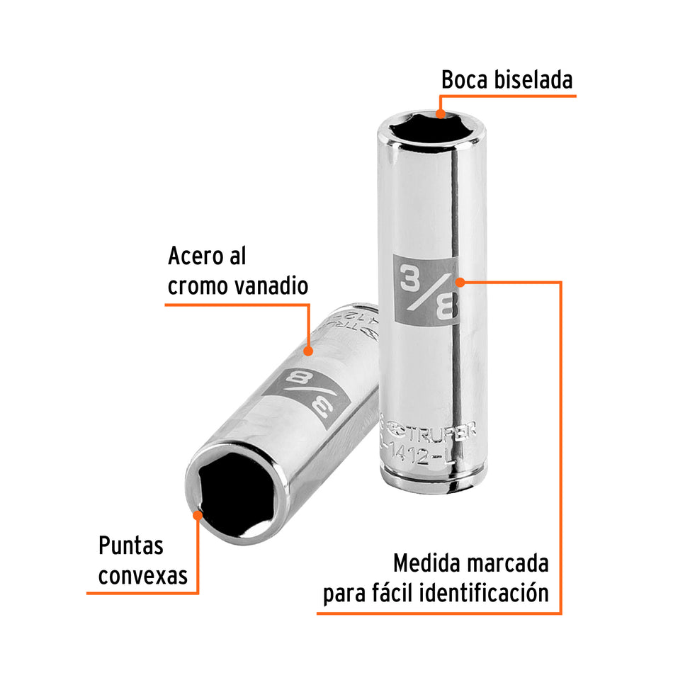 Dado largo de 3/8', 6 puntas, cuadro 1/4', Truper Caja con 6, 13186