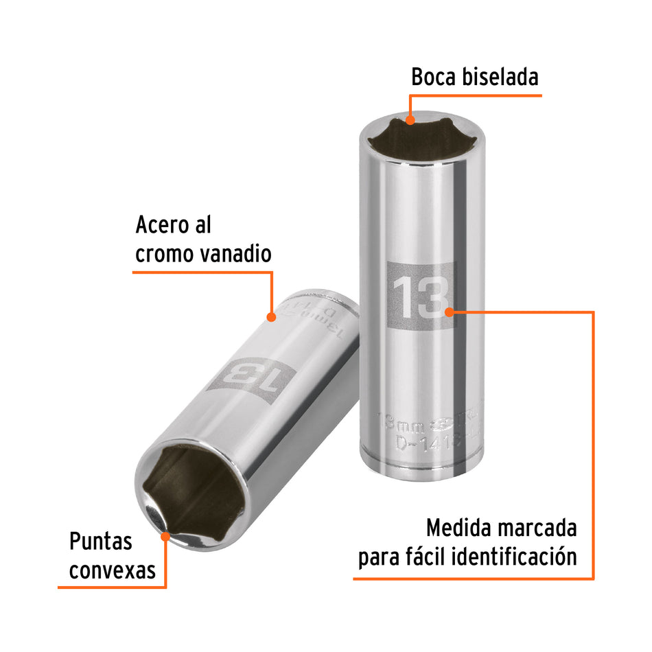 Dado largo de 13 mm, 6 puntas, cuadro 1/4', Truper Caja con 6, 13207