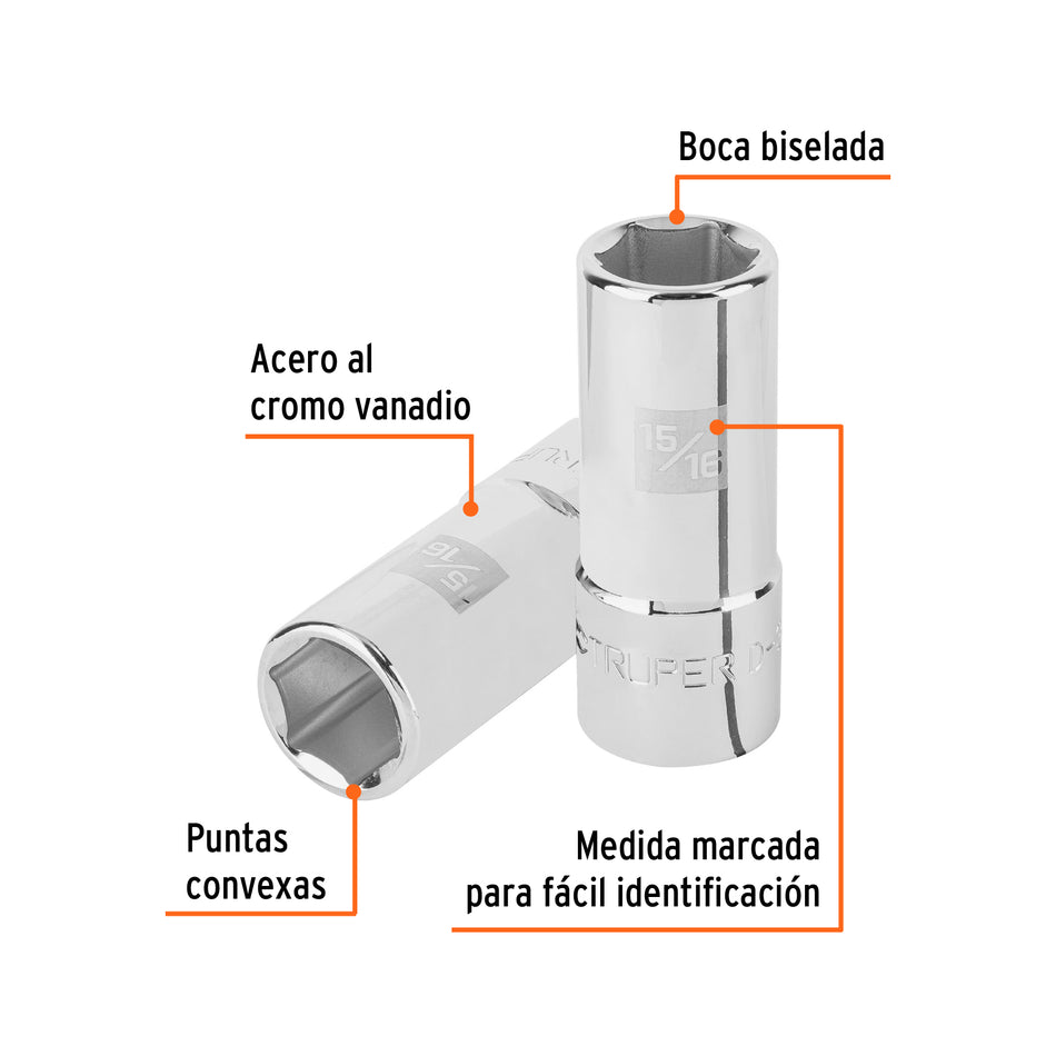 Dado largo de 15/16', 6 puntas, cuadro 3/4', Truper Caja con 3, 19342