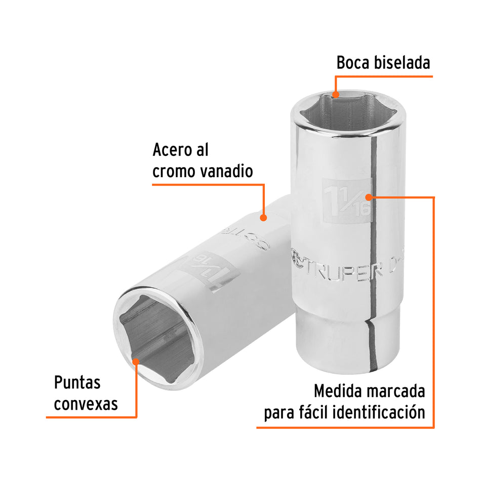 Dado largo de 1-1/16', 6 puntas, cuadro 3/4', Truper Caja con 3, 19344