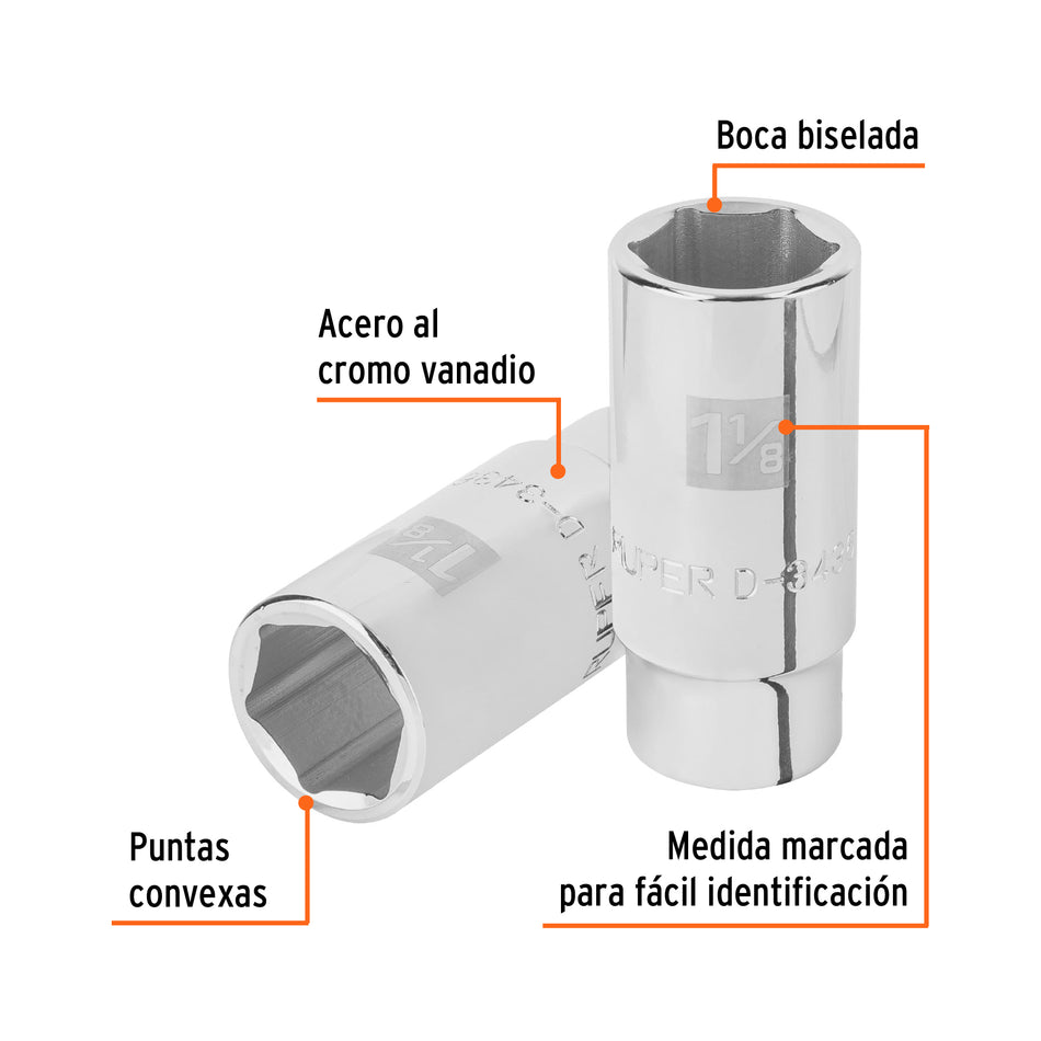 Dado largo de 1-1/8', 6 puntas, cuadro 3/4', Truper Caja con 3, 19345