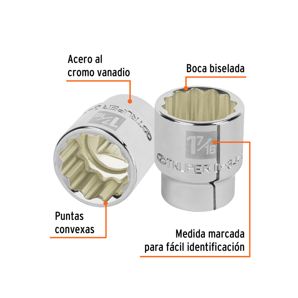 Dado de 1-7/16', 12 puntas, cuadro 3/4', Truper Caja con 3, 13861