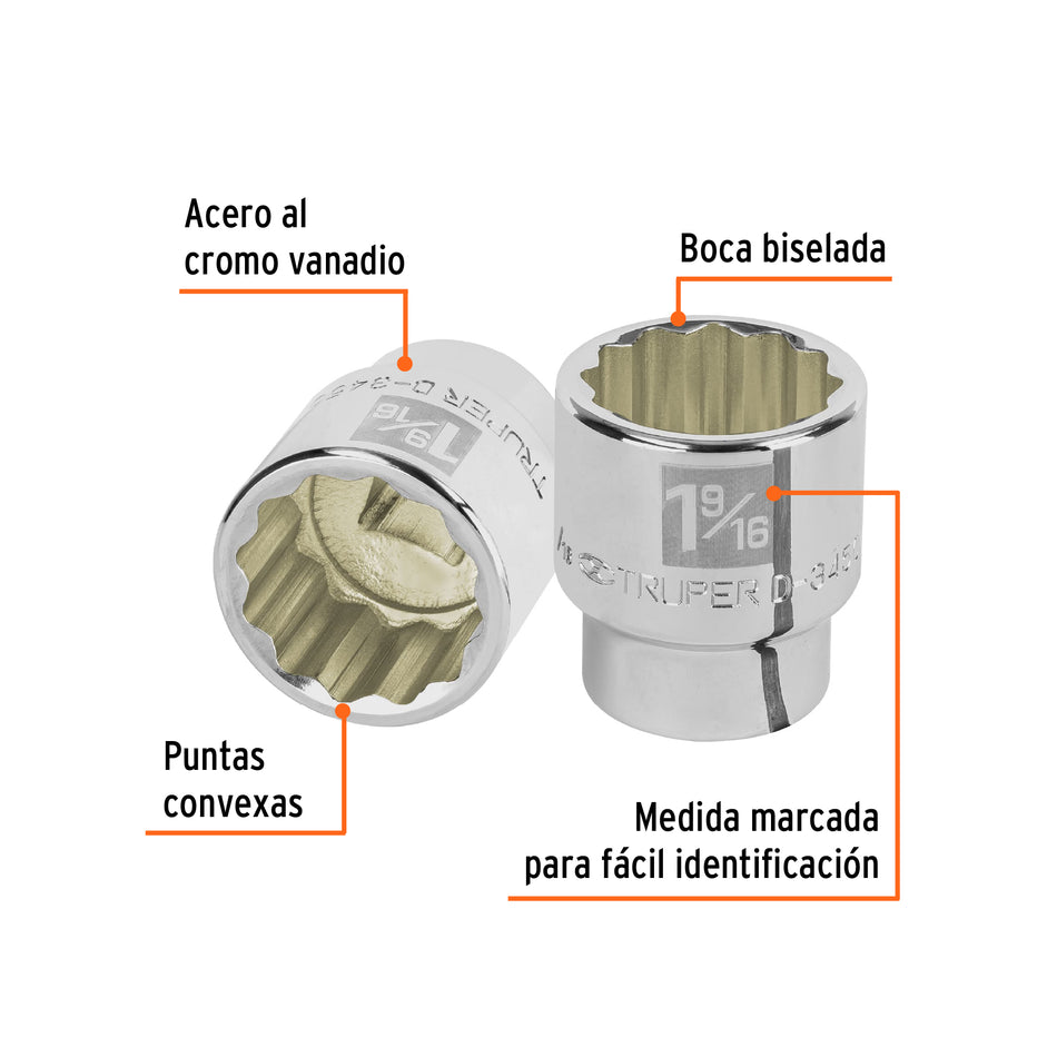 Dado de 1-9/16', 12 puntas, cuadro 3/4', Truper Caja con 3, 13863