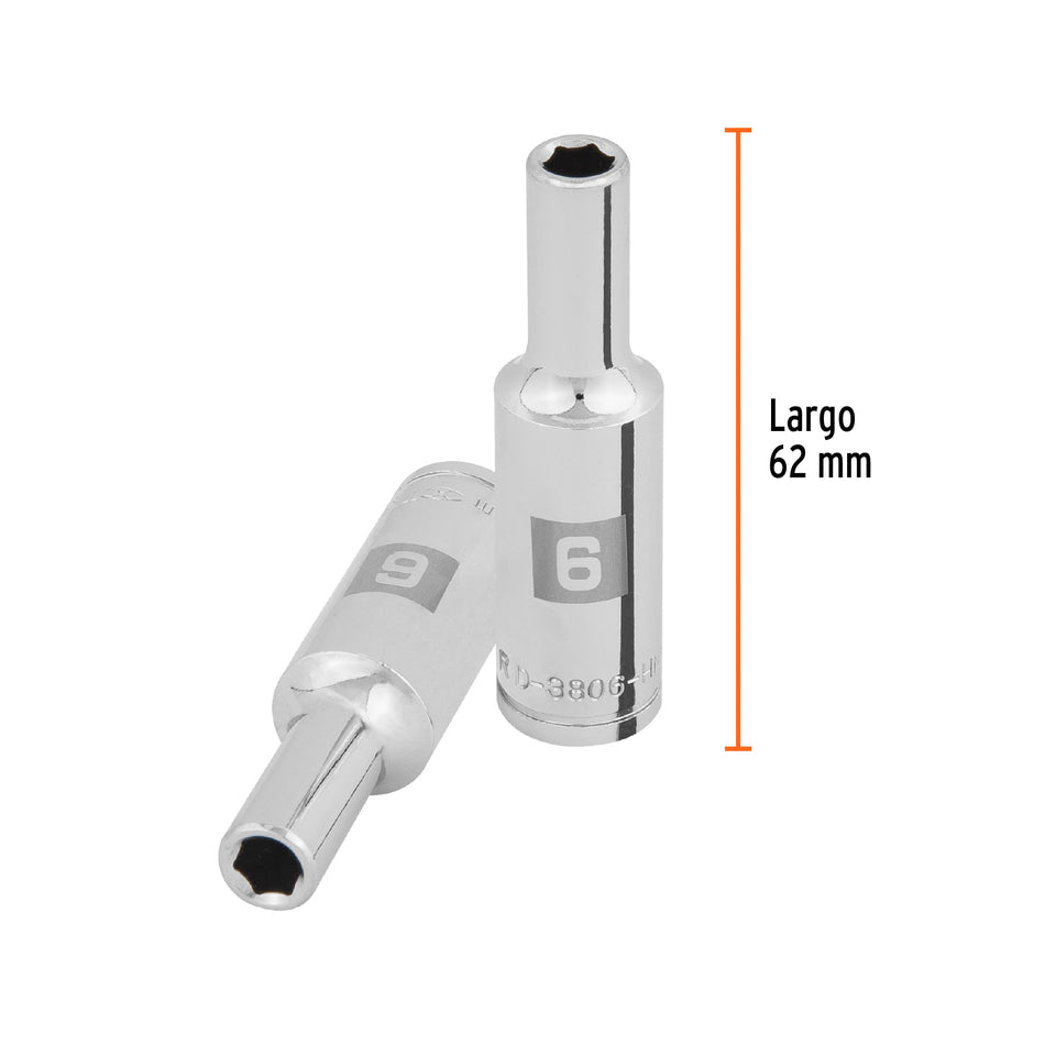 Dado largo de 6 mm, 6 puntas, cuadro 3/8', Truper Caja con 6, 100991