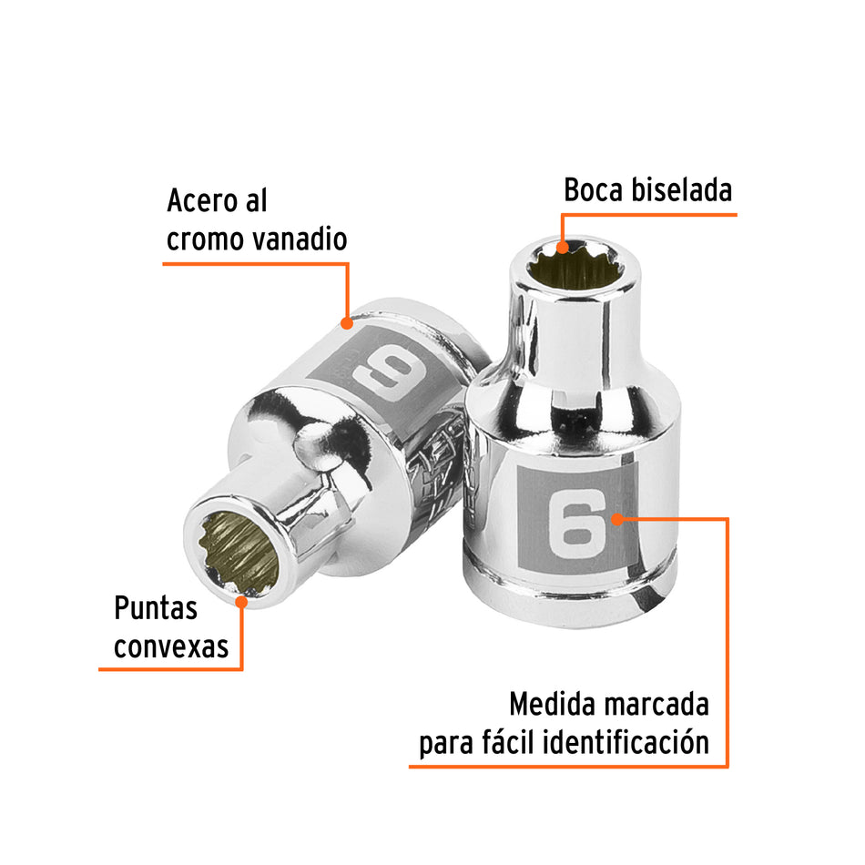 Dado de 6 mm, 12 puntas, cuadro 3/8', Truper Caja con 6, 100996