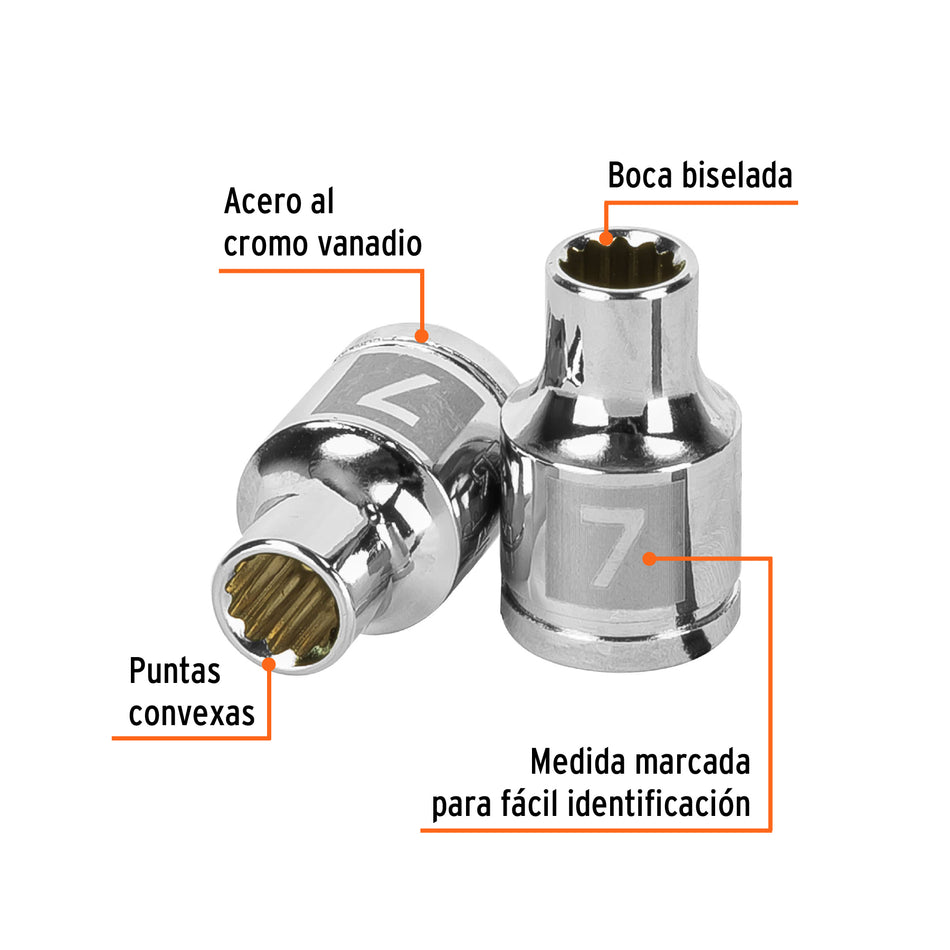 Dado de 7 mm, 12 puntas, cuadro 3/8', Truper Caja con 6, 13627