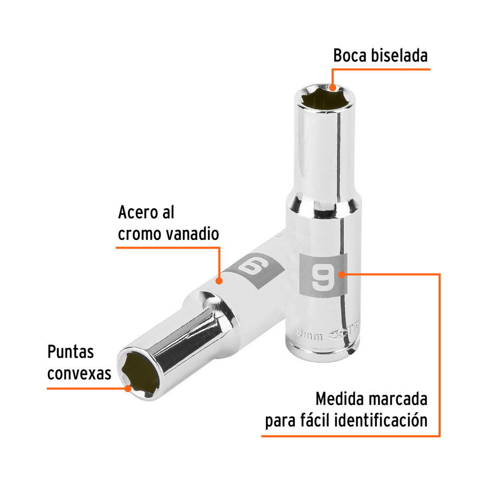 Dado largo de 9 mm, 6 puntas, cuadro 3/8', Truper Caja con 6, 100994