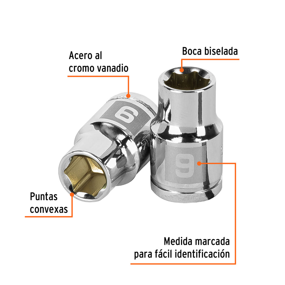 Dado de 9 mm, 6 puntas, cuadro 3/8', Truper Caja con 6, 13673