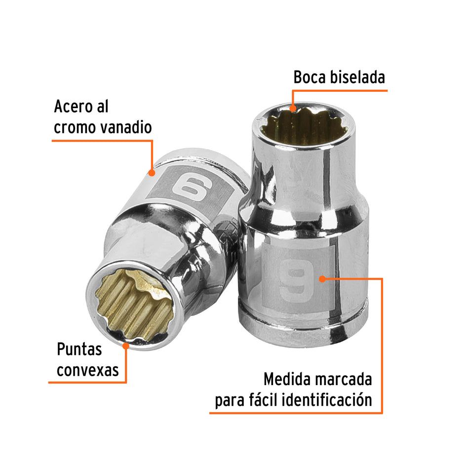 Dado de 9 mm, 12 puntas, cuadro 3/8', Truper Caja con 6, 13629