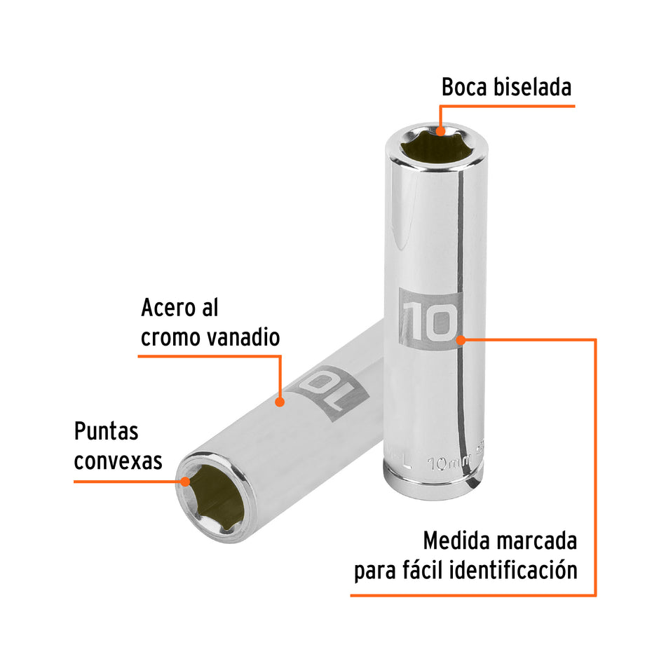 Dado largo de 10 mm, 6 puntas, cuadro 3/8', Truper Caja con 6, 13770