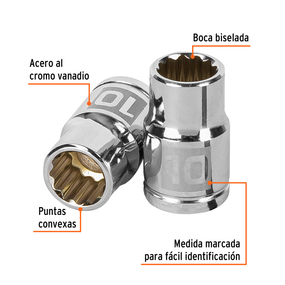 Dado de 10 mm, 12 puntas, cuadro 3/8', Truper Caja con 6, 13630