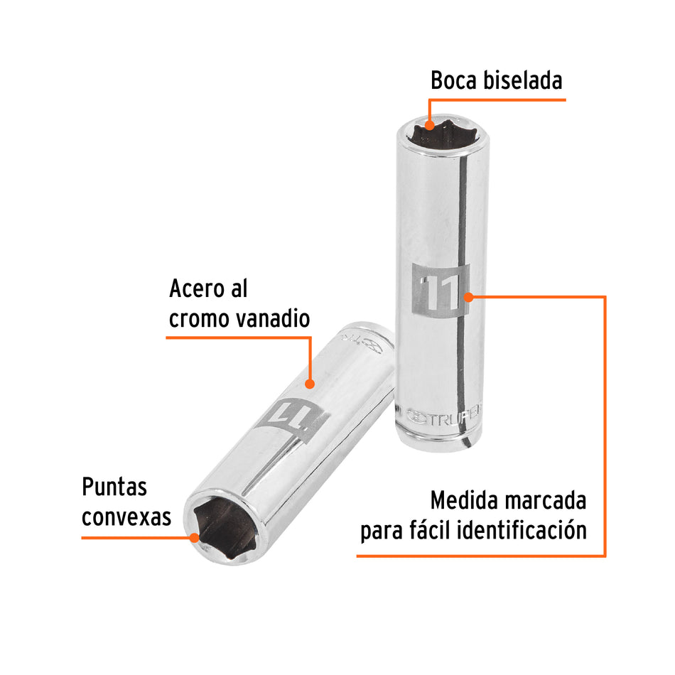 Dado largo de 11 mm, 6 puntas, cuadro 3/8', Truper Caja con 6, 13771