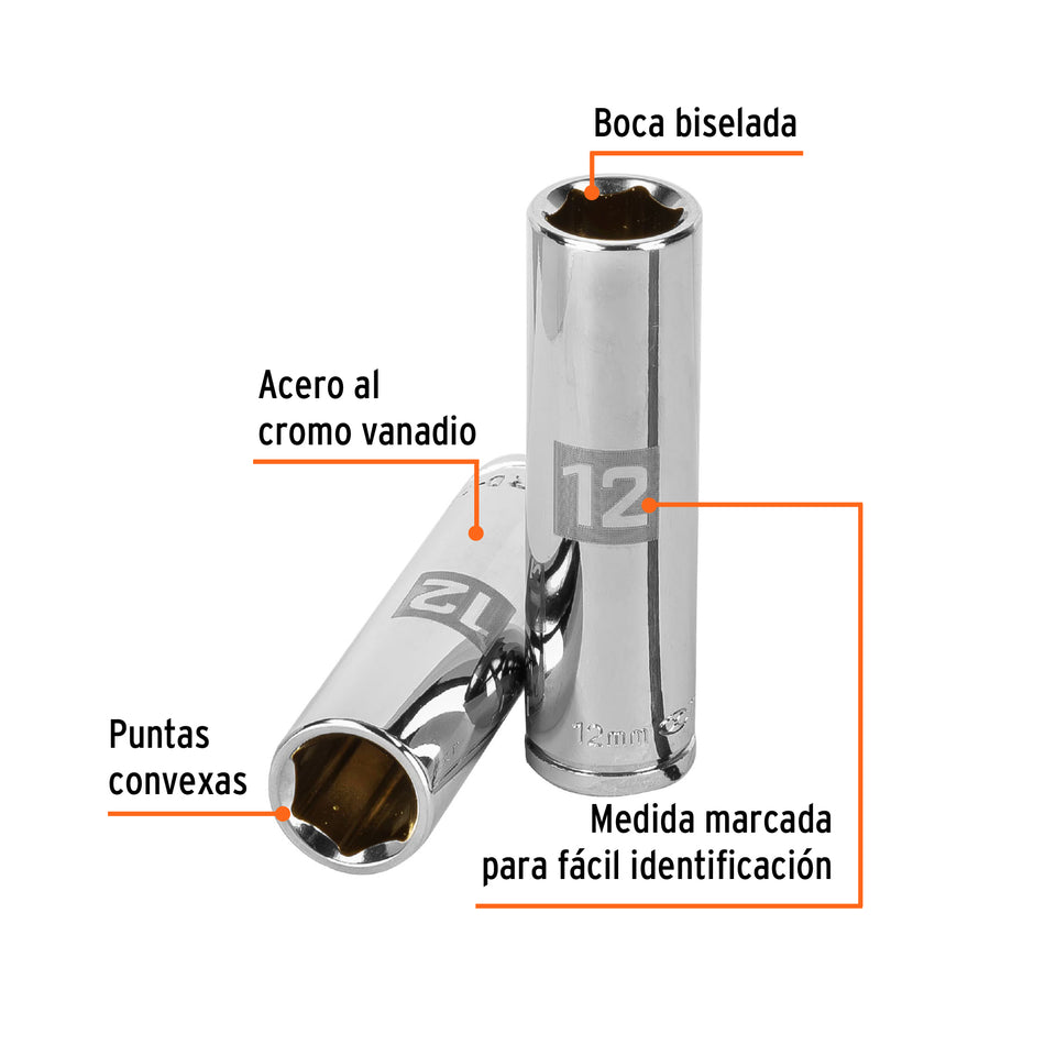 Dado largo de 12 mm, 6 puntas, cuadro 3/8', Truper Caja con 6, 13772