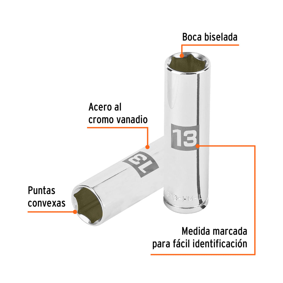 Dado largo de 13 mm, 6 puntas, cuadro 3/8', Truper Caja con 6, 13773