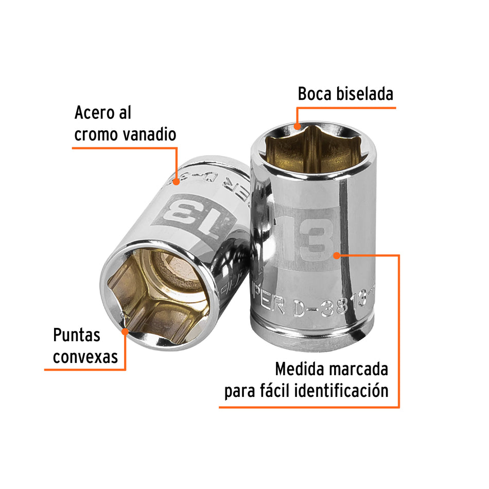 Dado de 13 mm, 6 puntas, cuadro 3/8', Truper Caja con 6, 13677