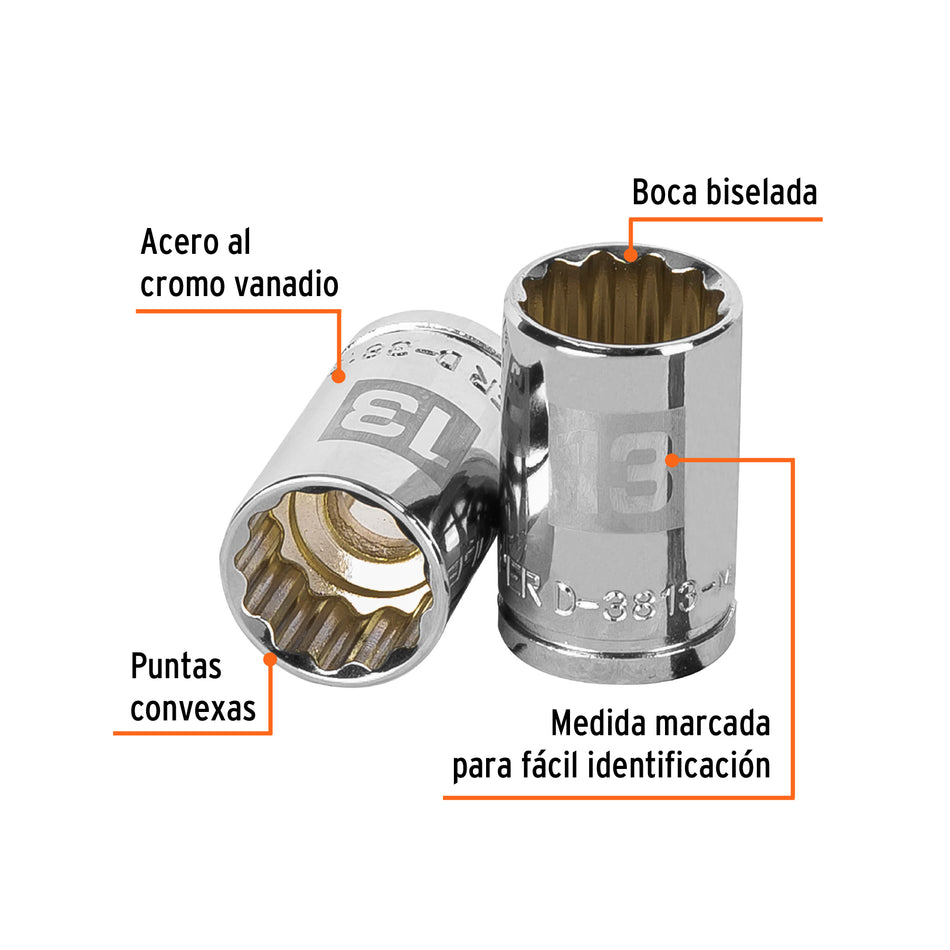 Dado de 13 mm, 12 puntas, cuadro 3/8', Truper Caja con 6, 13633