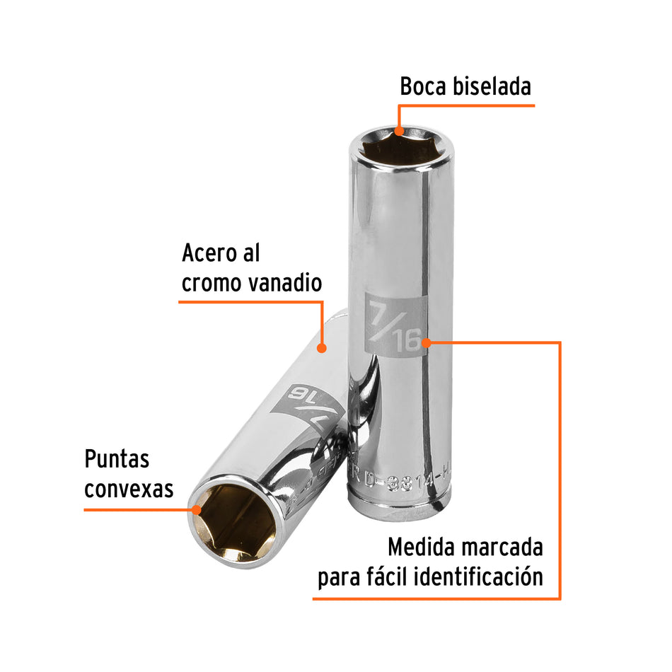 Dado largo de 7/16', 6 puntas, cuadro 3/8', Truper Caja con 6, 13713