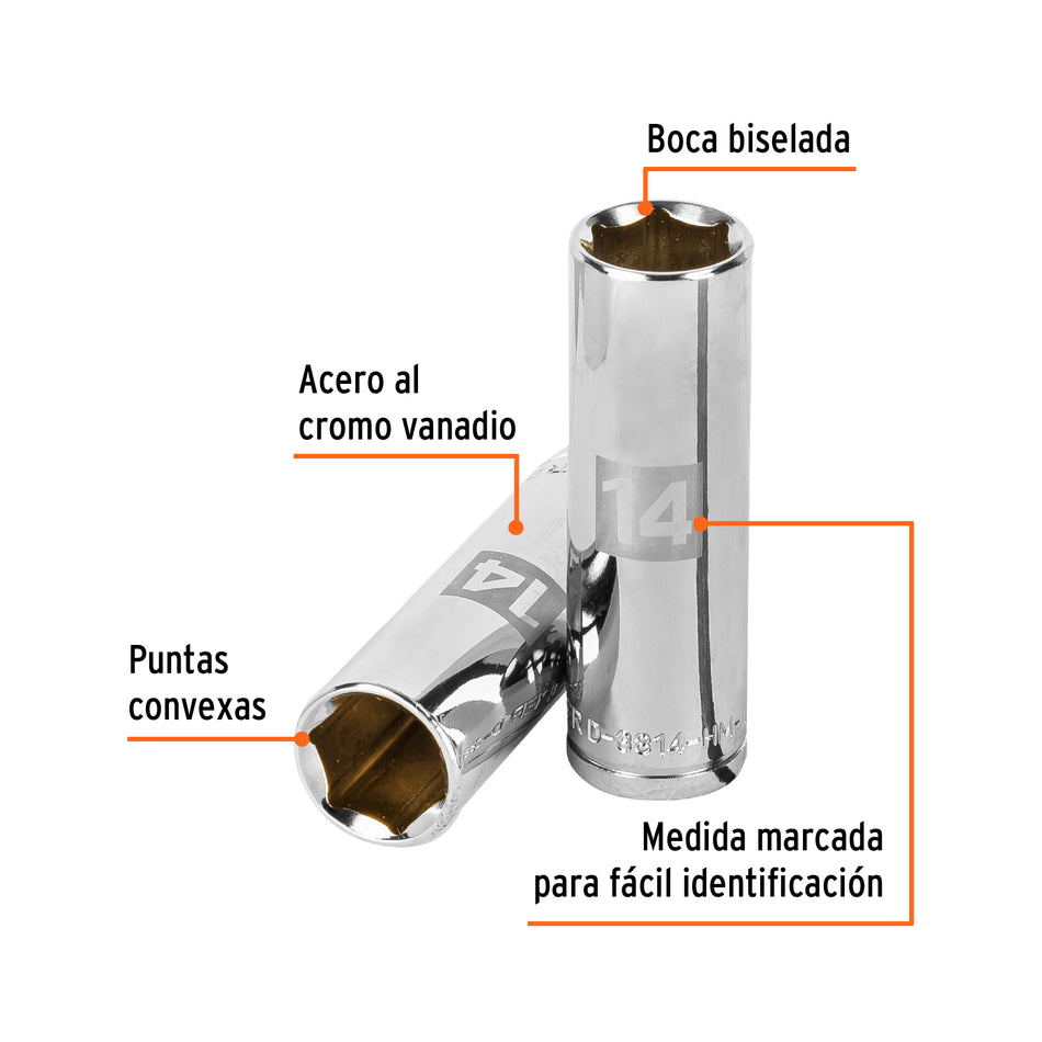 Dado largo de 14 mm, 6 puntas, cuadro 3/8', Truper Caja con 6, 13774