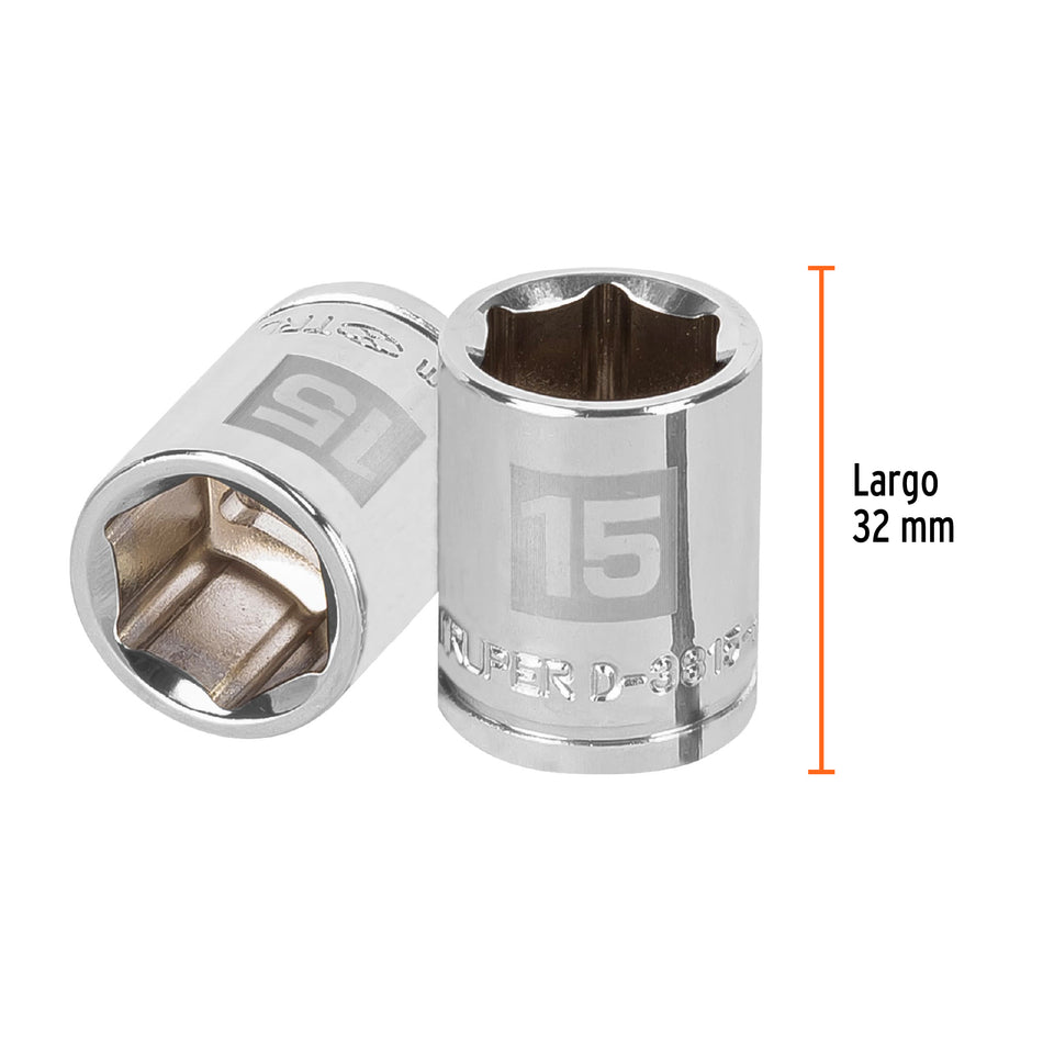 Dado de 15 mm, 6 puntas, cuadro 3/8', Truper Caja con 6, 13679