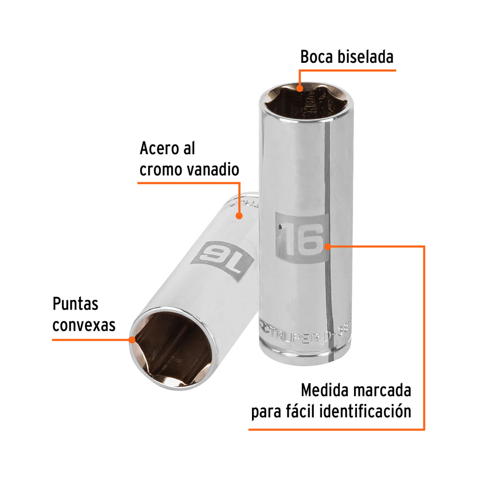Dado largo de 16 mm, 6 puntas, cuadro 3/8', Truper Caja con 6, 13776