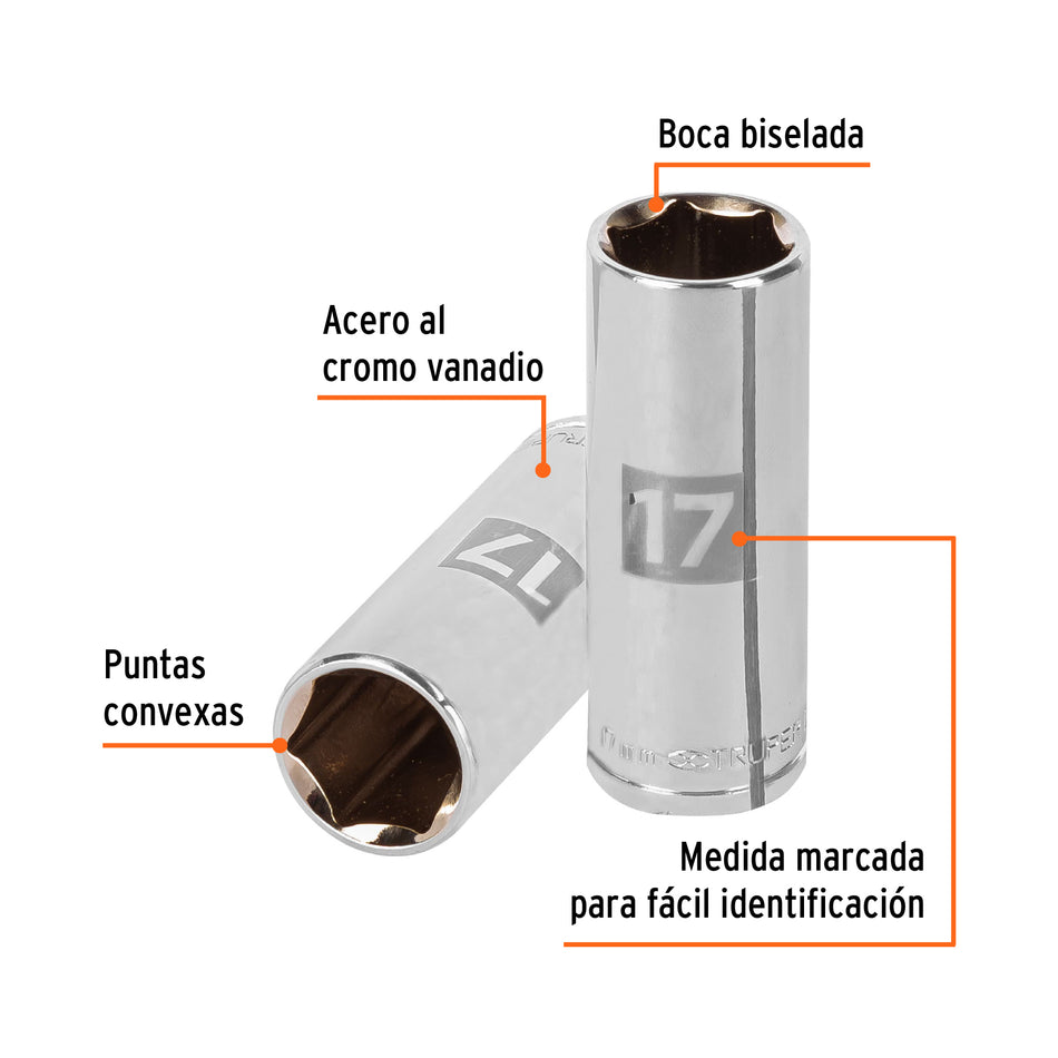 Dado largo de 17 mm, 6 puntas, cuadro 3/8', Truper Caja con 6, 13777