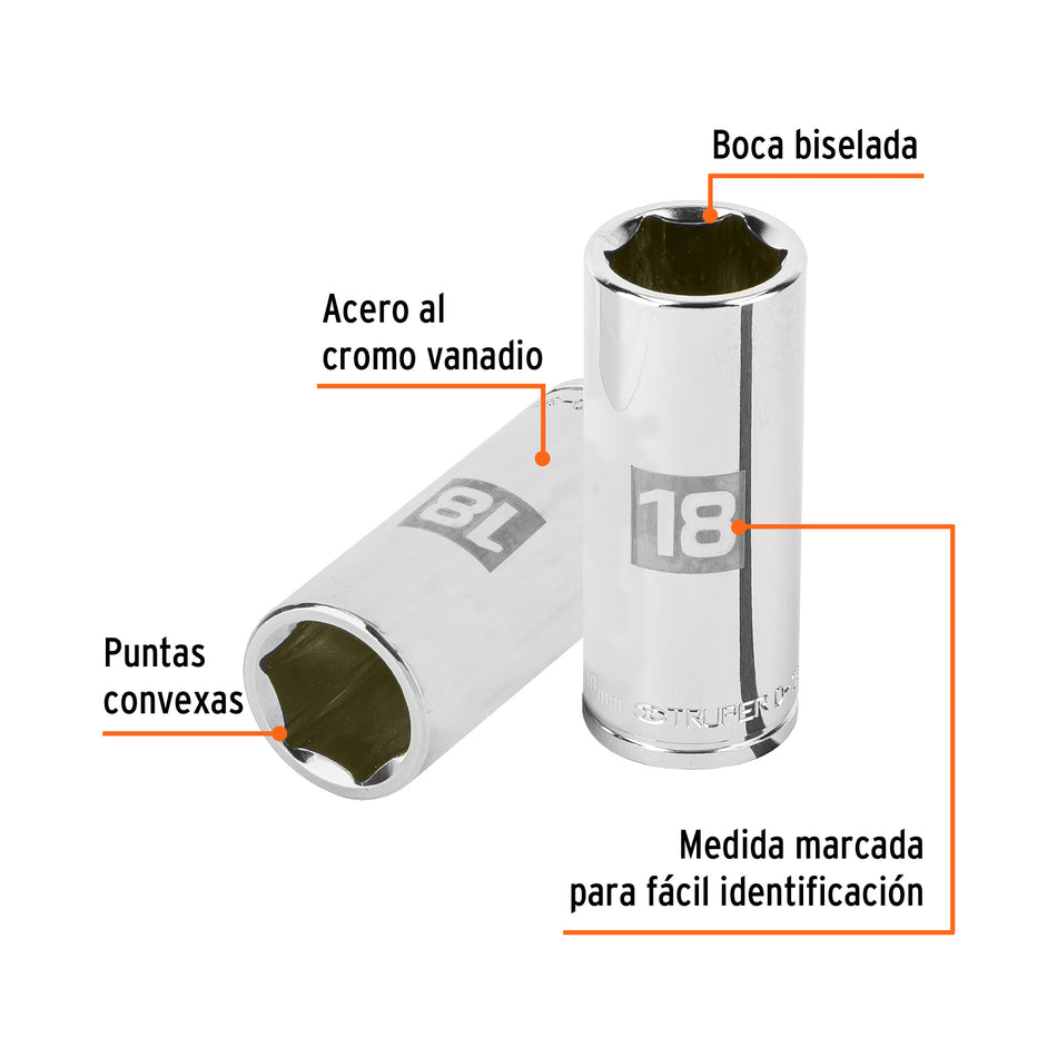 Dado largo de 18 mm, 6 puntas, cuadro 3/8', Truper Caja con 6, 13778