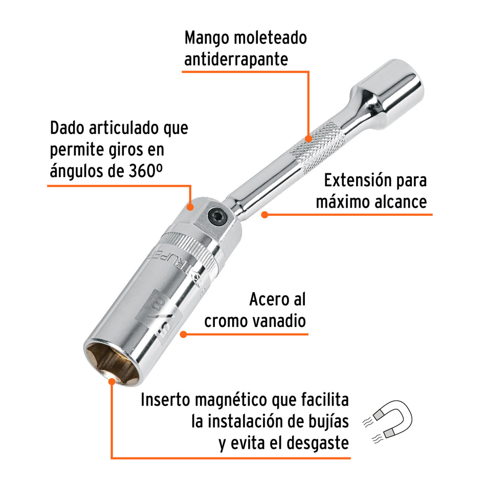 Dado p/bujías cuadro 3/8' articulado 5/8', extensión 6' Caja con 6, 16898