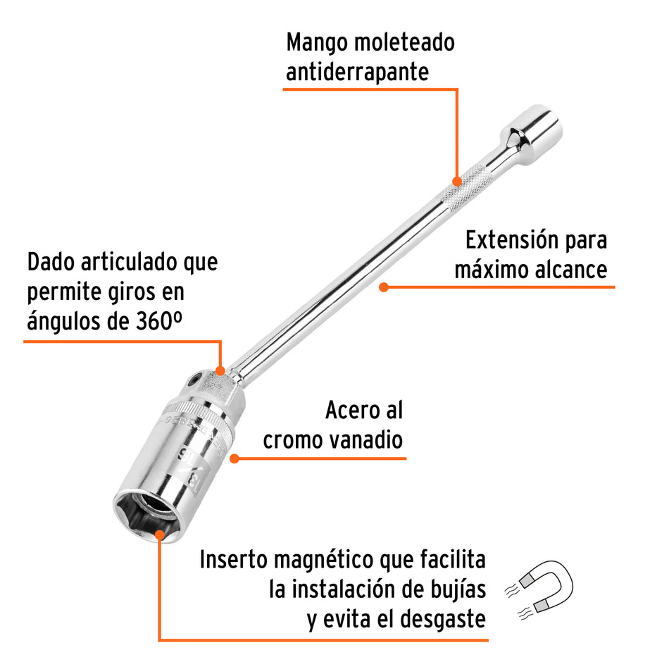 Dado p/bujías cuadro 3/8' articulado 13/16', extensión 10' Caja con 6, 16897