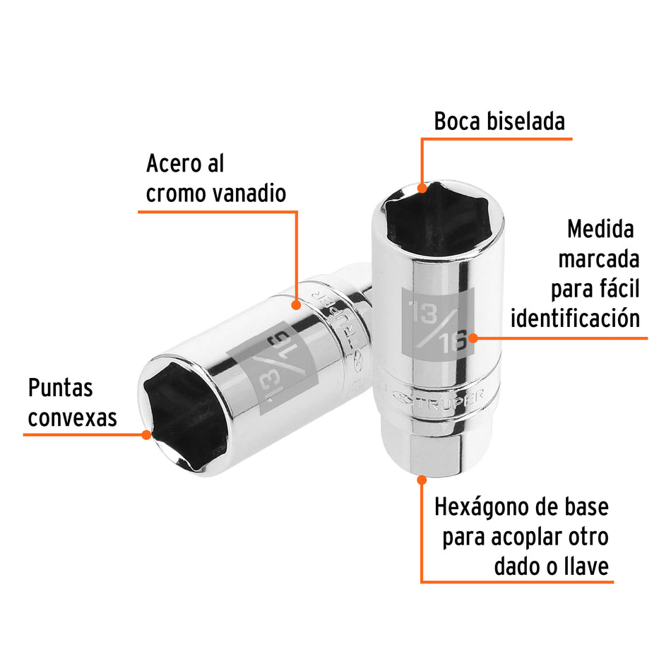 Dado para bujías de 13/16', 6 puntas, cuadro 3/8', Truper Caja con 6, 13657
