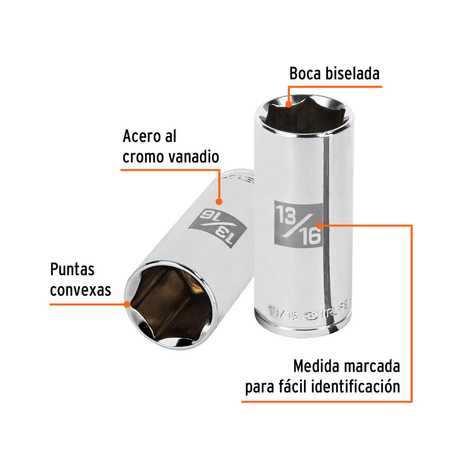 Dado largo de 13/16', 6 puntas, cuadro 3/8', Truper Caja con 6, 13719