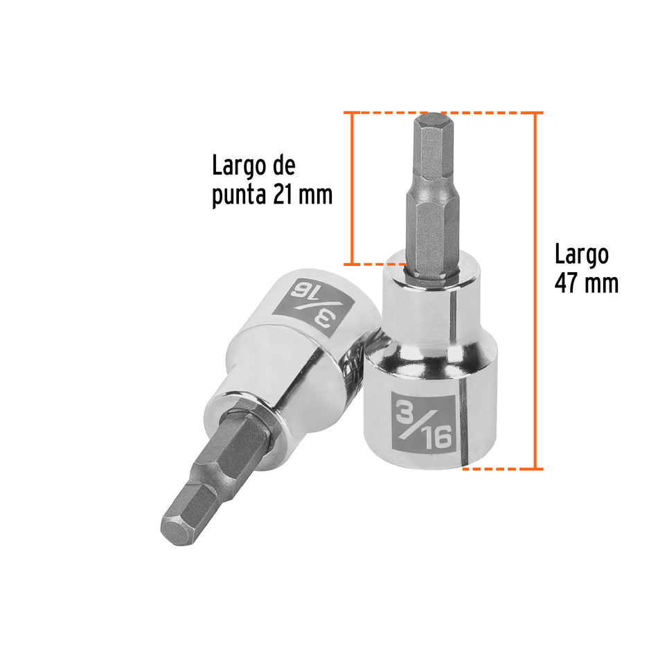 Dado punta hexagonal de 3/16', cuadro 3/8', Truper Caja con 6, 13463