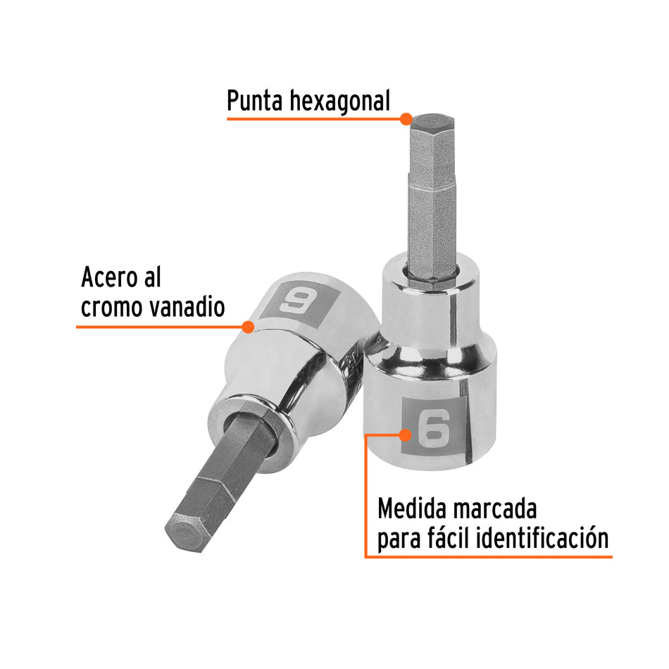 Dado punta hexagonal de 6 mm, cuadro 3/8', Truper Caja con 6, 13487