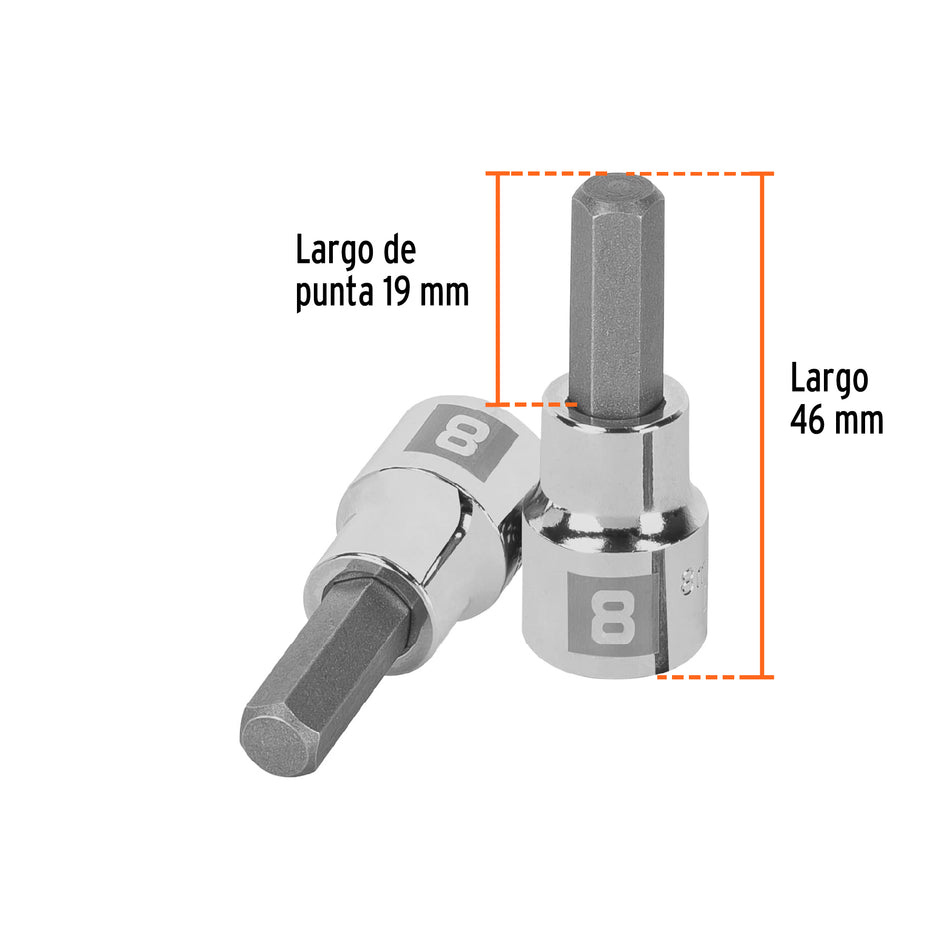 Dado punta hexagonal de 8 mm, cuadro 3/8', Truper Caja con 6, 13489