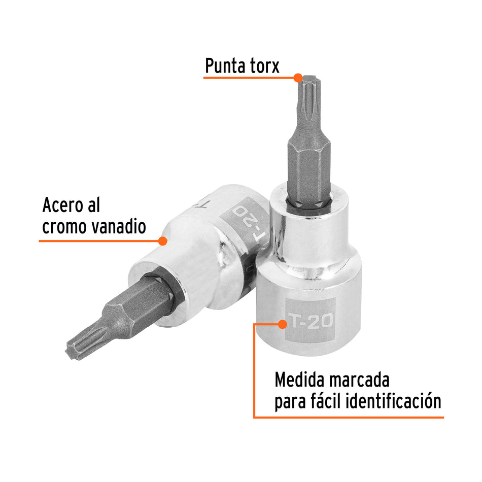 Dado punta torx T-20, cuadro 3/8', Truper Caja con 6, 13570