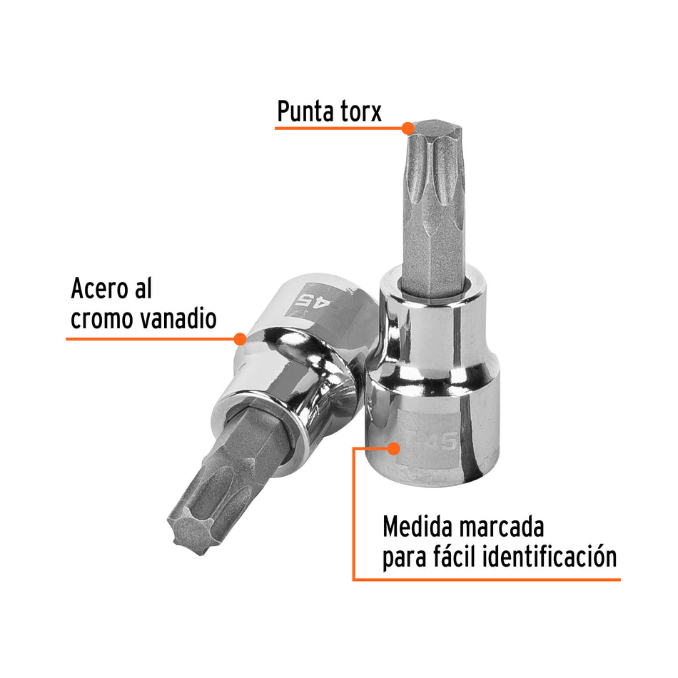 Dado punta torx T-45, cuadro 3/8', Truper Caja con 6, 13575