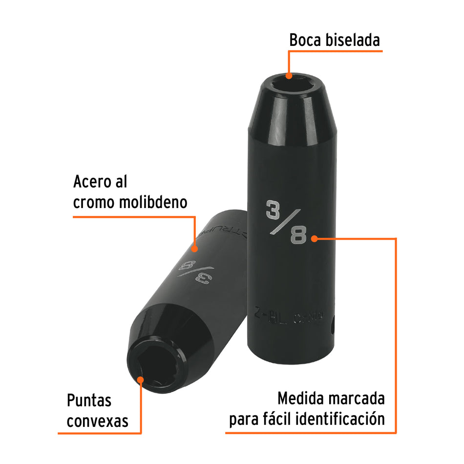 Dado largo impacto de 3/8', 6 puntas, cuadro 1/2', Truper Caja con 6, 13386