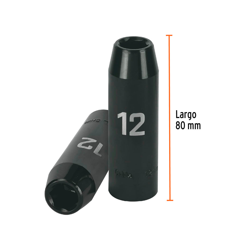 Dado largo cuadro 1/2' de impacto 6 puntas de 12 mm, Truper Caja con 6, 12424