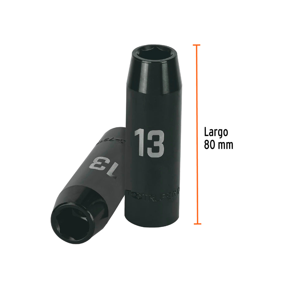 Dado largo cuadro 1/2' de impacto 6 puntas de 13 mm, Truper Caja con 6, 12425
