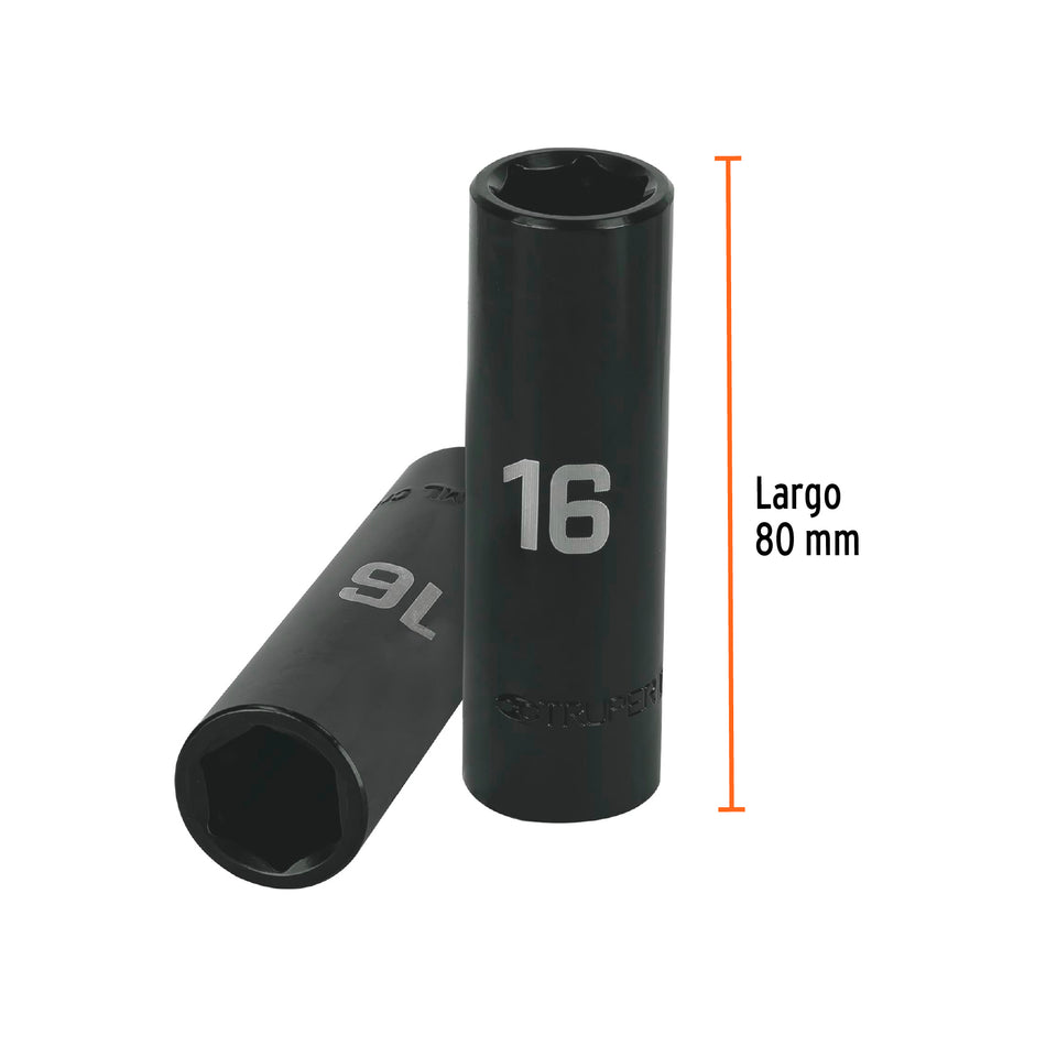 Dado largo cuadro 1/2' de impacto 6 puntas de 16 mm, Truper Caja con 6, 12428