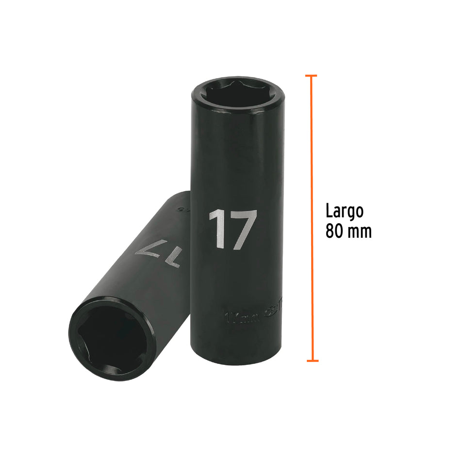Dado largo cuadro 1/2' de impacto 6 puntas de 17 mm, Truper Caja con 6, 12429
